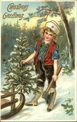 Boy Cutting Christmas Tree Postcard