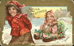 Girls with Sled Postcard
