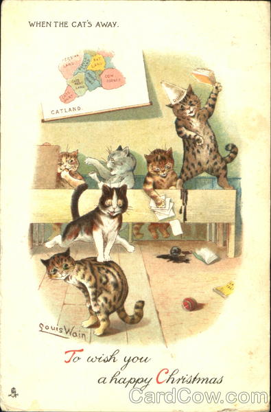 Louis Wain Christmas postcard 1904. Cat riding a dog with others watching