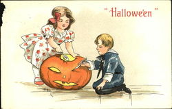 Children Carving Pumpkin Halloween Postcard Postcard