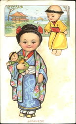 Japanese Girl with Dolls - Swifts Premium Butterine Postcard