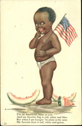 Black Boy with Flag, Watermelon Black Americana Postcard Postcard