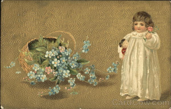 Girl holding a pink flower and doll looking at a basket with flowers