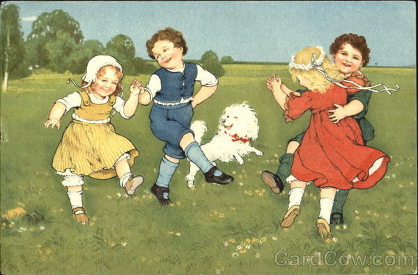 Four Children and a Dog Dancing in a Field