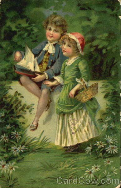 Girl and Boy with Toy Boat Children