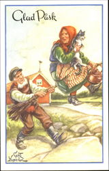 An old lady and cat riding a broom Postcard