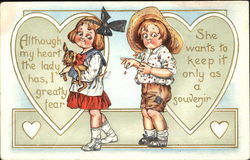 A girl holding a dog looks playfully at a suitor who is picking petals off a flower Postcard