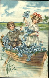 Boy and Girl in a Flower Filled Boat Postcard