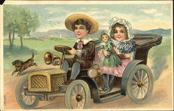Boy and Girl in Car Postcard