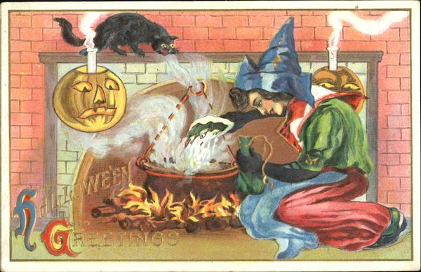Halloween Greetings Witch at Fireplace JOL