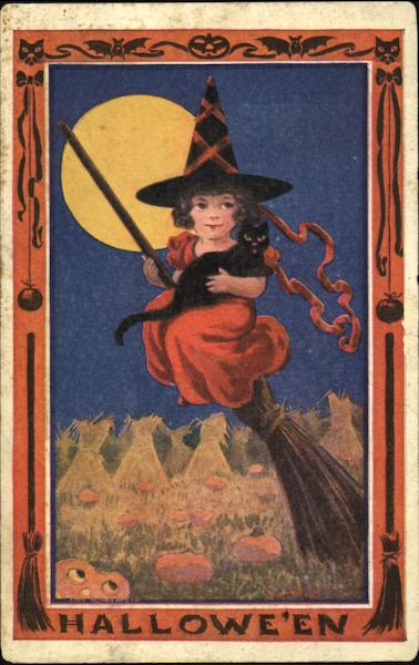 Little Girl Witch on Broom Halloween