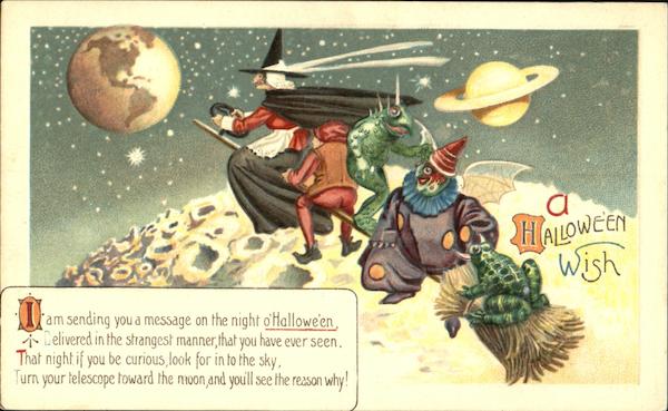 Rare Witch with Monsters on Broom Halloween