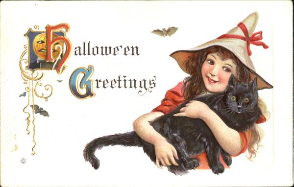 Series 332-F Little Girl Witch w/Cat Halloween Greetings