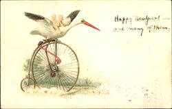 Stork and Babies on Old Bicycle Postcard