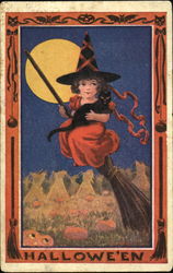 Little Girl Witch on Broom Halloween Postcard Postcard