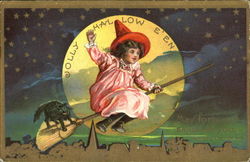 Little Girl Witch on Broom Postcard