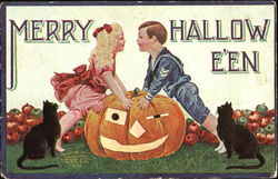 Children on JOL Black Cats Apples Halloween Postcard Postcard