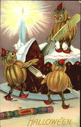 Halloween Pumpkins Cutting Cake Squash People Postcard