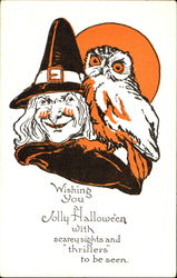 Witch & Owl Wishing You A Jolly Halloween Postcard