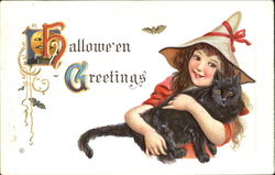 Series 332-F Little Girl Witch w/Cat Halloween Greetings Postcard