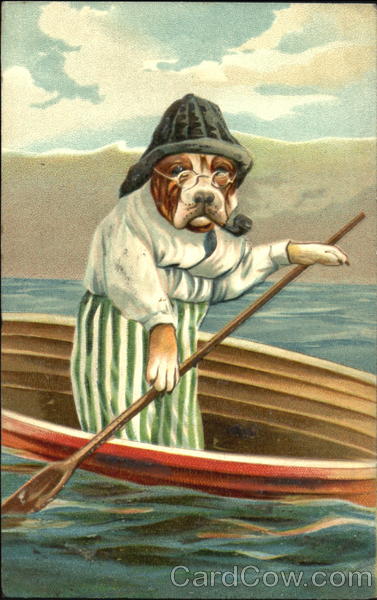 Dog in Row Boat Smoking a Pipe Dogs