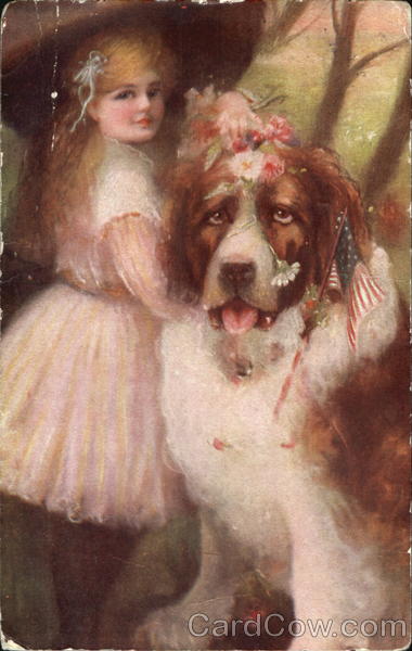 Girl holding Flag with Dog Dogs