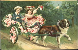 Two children in a buggy being pulled by a dog Postcard