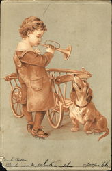 Boy playing horn with dog Postcard