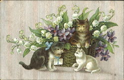 Flower Basket with Kittens Postcard