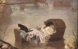 Kitten with Baby in Cradle in Flood Postcard