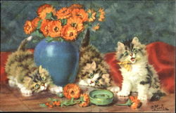 Kittens playing with flowers in vase Postcard
