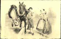 Young Man and Women with Horses Postcard