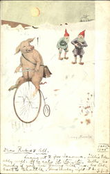 Pig on Bicycle Elves Postcard