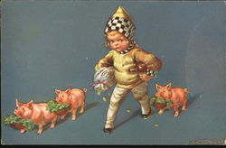 Girl with Piglets Postcard