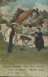 Rustic Youth: No Sir Don't Send It There! Better Give It To Me! Bicycles Postcard Postcard