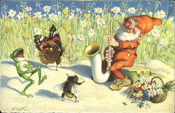 Gnome Playing Music Frogs Postcard Postcard