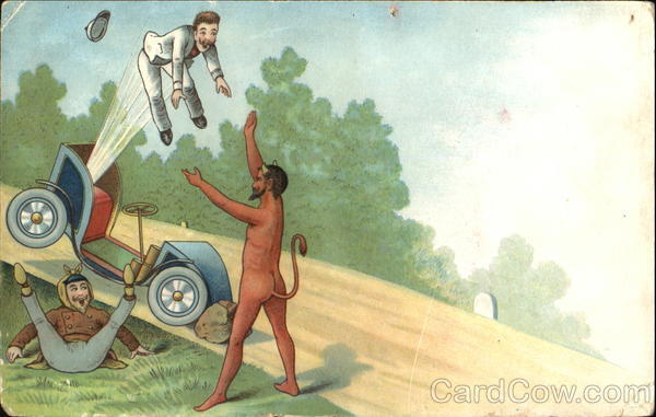 Man flying from a car wreck while the devil looks on