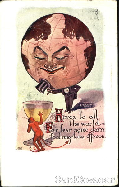 Man in tuxedo and head of the globe looking down at a cup with the devil hiding behind it