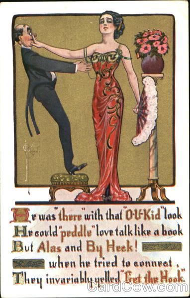 Woman in red dress and white fan pushing away a suitor standing on an ottoman