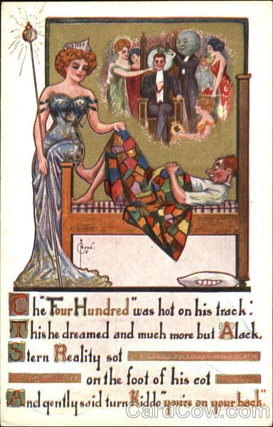 Man sleeping and dreaming of success while his fairygod mother looks on