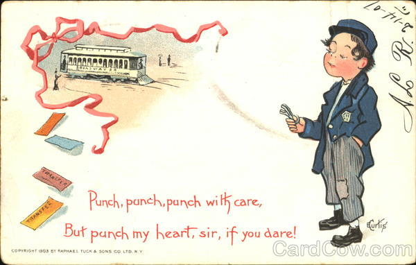 Young boy dressed as trolley conductor E. Curtis