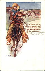 Cowboy riding on a horse riding from a ranch Postcard