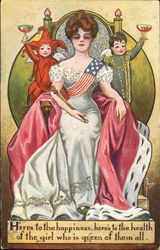 Woman with US flag sash with two Cupids (one jester, the other military officer) Glamour Postcard Postcard