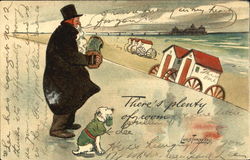 Man playing accordian on beach with dog Postcard