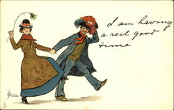 A man and woman walking hand in hand into the wind Postcard