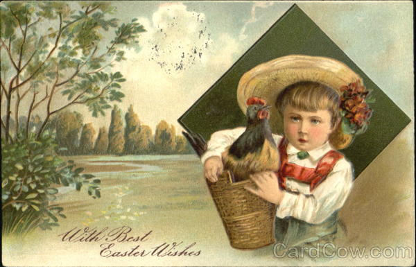 Girl Carrying Chicken in Basket With Children