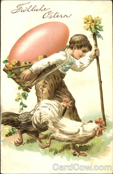 Boy Carring Egg with Roosters With Children