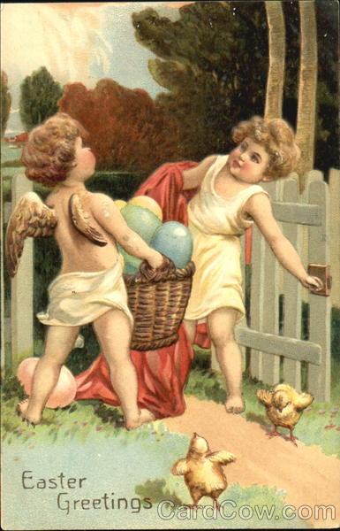 Two angels with easter chicks and eggs With Angels