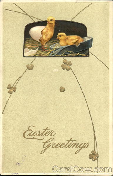 Two chicks, one hatching from an egg and the other sitting in a frying pan