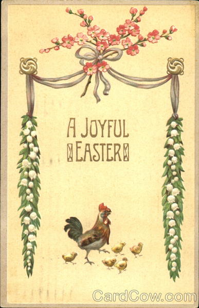 Easter Hen and Chicks with Garlands of Lilies of the Valley and Spring Blossoms